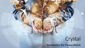  Presentation with facts and myths concept word - Cool new presentation with cargo vessels cargo flights - businessman in world transportation concept backdrop and a light blue colored foreground