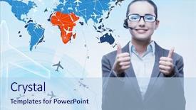  Presentation with transportation air balloon flying - PPT theme having cargo vessels cargo flights - businesswoman in air transportation concept background and a  colored foreground