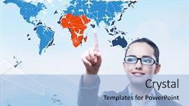  Presentation with facts and myths concept word - Slides with cargo vessels cargo flights - businesswoman in world transportation concept background and a  colored foreground