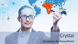  Presentation with facts and myths concept word - Theme consisting of cargo vessels cargo flights - businesswoman in world transportation concept background and a  colored foreground