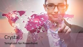  Presentation with cargo transportation - Cool new PPT theme with cargo vessels cargo flights - businesswoman in world transportation concept backdrop and a  colored foreground