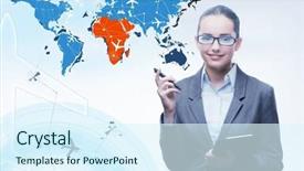  Presentation with transportation - Beautiful slide deck featuring cargo vessels cargo flights - businesswoman in world transportation concept backdrop and a sky blue colored foreground