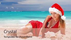  Presentation with footprints and sand beach - Presentation theme enhanced with caribbean christmas - woman on the beach background and a coral colored foreground