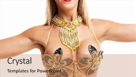  Presentation with costume - Beautiful PPT theme featuring brazilian woman posing in samba backdrop and a coral colored foreground