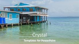  Presentation with wooden boat at sea edge - Beautiful slide set featuring caribbean-houses-over-the-sea backdrop and a seafoam green colored foreground