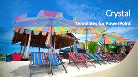  Presentation with footprints and sand sun - Amazing presentation theme having caribbean islands - colorful sun parasols and sundeck backdrop and a teal colored foreground
