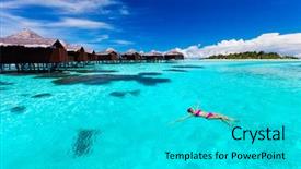  Presentation with water woman swimming underwater - Audience pleasing slide set consisting of caribbean islands - young woman swimming from hut backdrop and a cyan colored foreground