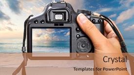  Presentation with shooting - Beautiful theme featuring caribbean sea on dslr camera backdrop and a coral colored foreground