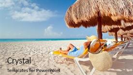  Presentation with woman in under wear - Beautiful presentation theme featuring caribe - woman at relaxation under parasol backdrop and a soft green colored foreground