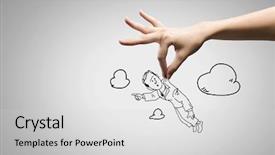  Presentation with hand holding colorful brain sketch - Slides consisting of caricature - close up of human hand background and a light gray colored foreground