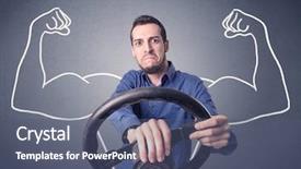  Presentation with black man - Beautiful slide deck featuring caricature - young man holding black steering backdrop and a ocean colored foreground