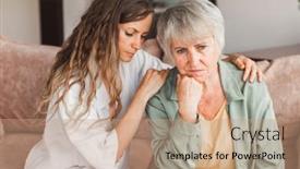  Presentation with empathy - PPT theme having caring-adult-daughter-comforting-soothing background and a coral colored foreground