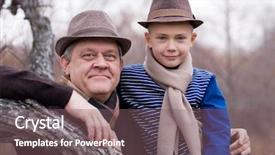  Presentation with aging - Theme with caring aging parent - grandfather and grandson outdoors autumn background and a violet colored foreground