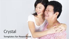  Presentation with senior asian - Audience pleasing slides consisting of caring aging parent - senior asian woman and young backdrop and a sky blue colored foreground