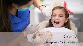  Presentation with teddy bear - Amazing slide deck having caring-dentist-examining-her-patient backdrop and a mint green colored foreground