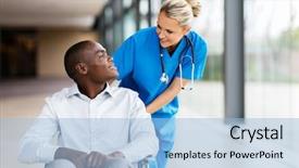  Presentation with female hospital patient - Theme having caring female nurse talking background and a light blue colored foreground
