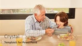  Presentation with caring - Beautiful presentation theme featuring caring-grandfather-feeds-his-grandson backdrop and a coral colored foreground