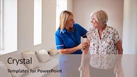  Presentation with caring hands - Colorful PPT layouts enhanced with caring hands - nurse helping senior woman use backdrop and a mint green colored foreground