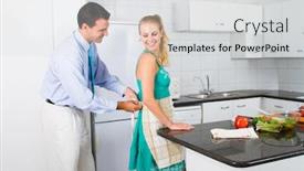  Presentation with caring - Presentation design consisting of caring husband helping wife tie up apron in kitchen background and a light gray colored foreground
