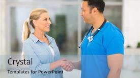  Presentation with caring - PPT layouts consisting of caring medical doctor greeting senior patient background and a light blue colored foreground