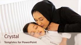  Presentation with caring - Audience pleasing PPT theme consisting of caring muslim mother kissing baby backdrop and a lemonade colored foreground