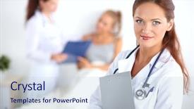  Presentation with case folder file labeled - Colorful presentation theme enhanced with caring professional - smiling female doctor backdrop and a  colored foreground