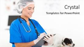  Presentation with veterinary nurse - Amazing theme having caring veterinary nurse writing report in animal hospital backdrop and a white colored foreground