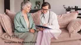  Presentation with old people help people - PPT theme consisting of caring-young-woman-nurse-help background and a coral colored foreground