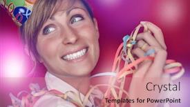  Presentation with confetti - Slide deck consisting of carnival female celebrating with confetti background and a coral colored foreground