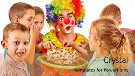  Presentation with kids birthday - Beautiful slide set featuring carnival food - clown man with kids holding backdrop and a gold colored foreground
