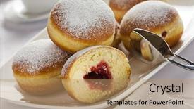  Presentation with film black and white - PPT theme consisting of carnival food - heap of marmalade filled bismarck background and a coral colored foreground