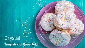  Presentation with powdered - Beautiful presentation theme featuring carnival-powdered-sugar-raised-donuts backdrop and a ocean colored foreground