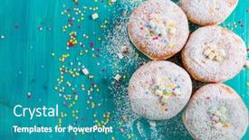  Presentation with powdered - Amazing PPT theme having carnival-powdered-sugar-raised-donuts backdrop and a teal colored foreground