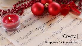  Presentation with music sheets - Amazing PPT theme having caroling - christmas decorations on music sheets backdrop and a  colored foreground
