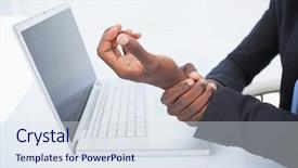  Presentation with carpal tunnel - Colorful presentation theme enhanced with carpal tunnel syndrome - businessman holding his sore wrist backdrop and a sky blue colored foreground