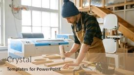  Presentation with glue - PPT theme with carpenter-applying-glue-to-board background and a coral colored foreground