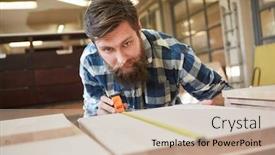  Presentation with apprentice - Colorful PPT theme enhanced with carpenter-apprentice-with-ruler-measuring backdrop and a mint green colored foreground