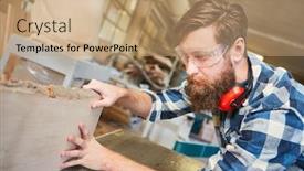  Presentation with wood board - Beautiful slide set featuring carpenter-apprentice-with-wood-board backdrop and a coral colored foreground