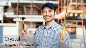  Presentation with construction work - Colorful presentation design enhanced with carpenter at work in a construction site backdrop and a light blue colored foreground