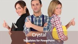  Presentation with small group working - Presentation having carpenter construction - group of young workers background and a  colored foreground