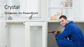  Presentation with handyman - PPT theme consisting of carpenter construction - smiling handyman fixing a door background and a white colored foreground