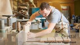  Presentation with wood board - Beautiful slide deck featuring carpenter-cuts-a-wood-board backdrop and a coral colored foreground