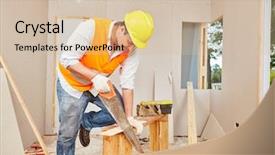  Presentation with construction site construction - Beautiful PPT theme featuring carpenter-cutting-wood-with-hand backdrop and a soft green colored foreground