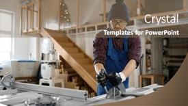  Presentation with woodworking - Presentation design consisting of carpenter-hand-changing-saw-blade background and a violet colored foreground