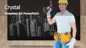  Presentation with cordless - Audience pleasing slide set consisting of carpenter holding cordless drill over white background against composite image of black card backdrop and a dark gray colored foreground