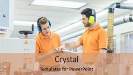  Presentation with carpenter - Audience pleasing PPT theme consisting of carpenter in furniture factory inspecting backdrop and a coral colored foreground