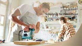  Presentation with carpenter - PPT layouts having carpenter in protective eyeglasses sawing wood with electric handtool in workshop background and a mint green colored foreground