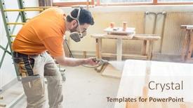  Presentation with breathing - Presentation design with carpenter man spraying varnish on a table he works on using breathing protection background and a lemonade colored foreground