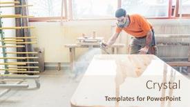  Presentation with carpenter - Colorful presentation theme enhanced with carpenter man spraying varnish on a table he works on using breathing protection backdrop and a lemonade colored foreground