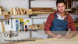  Presentation with craft - Theme enhanced with carpenter posing with his craft in a dusty workshop background and a coral colored foreground